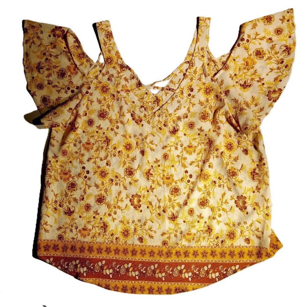 Flower & Feather Top/Blouse sz XL Marigold/Ivory Cold Shoulder Cross strap